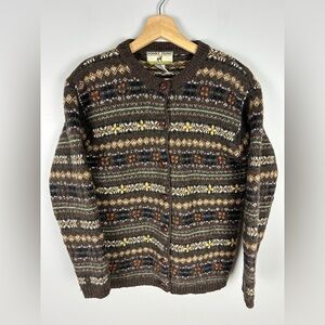VINTAGE Y2K 100% Wool Fair Isle Knit Cardigan Size Med Brown Granola Girl Boho